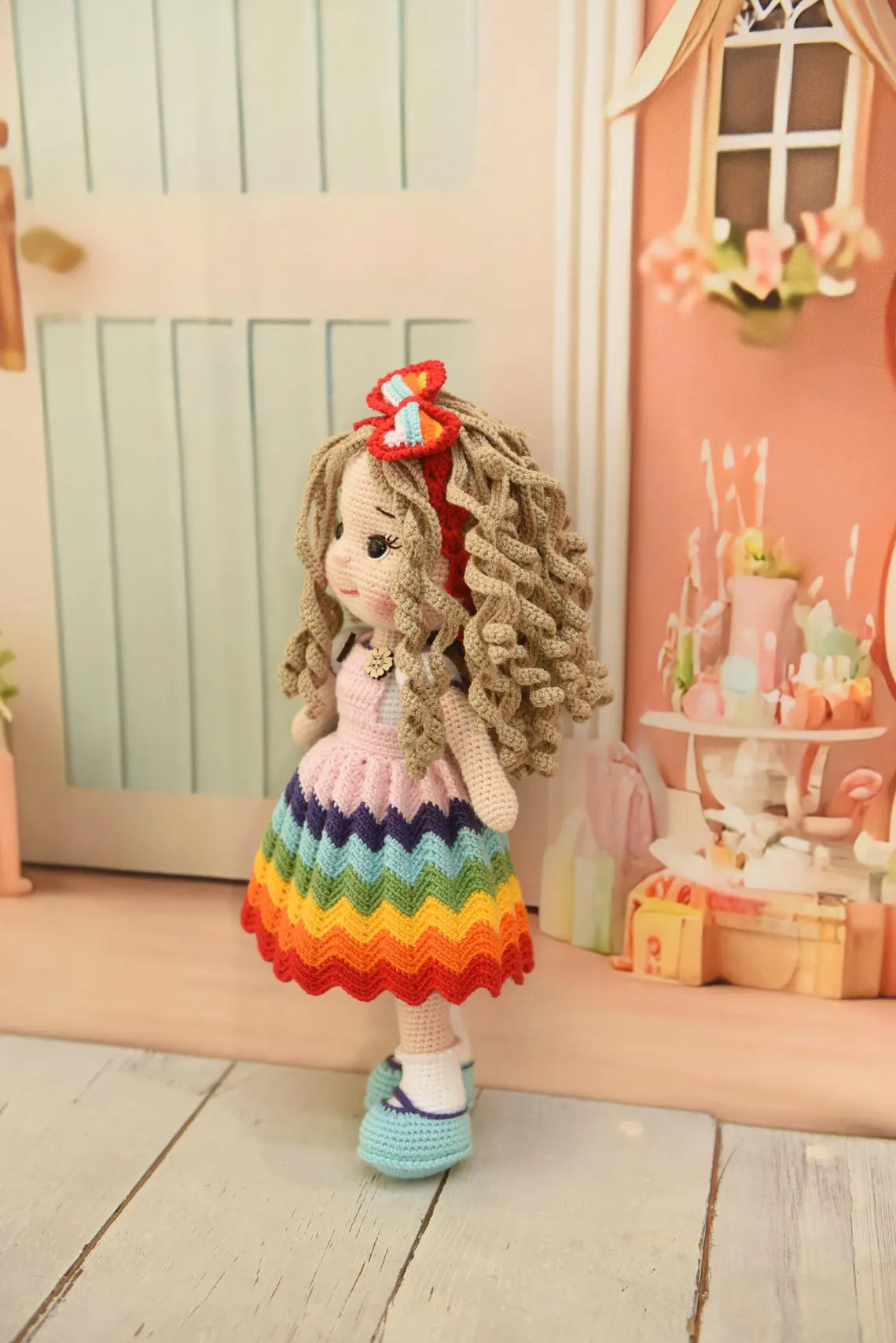 Handmade Crochet Rainbow Dress Princess Doll with Bow