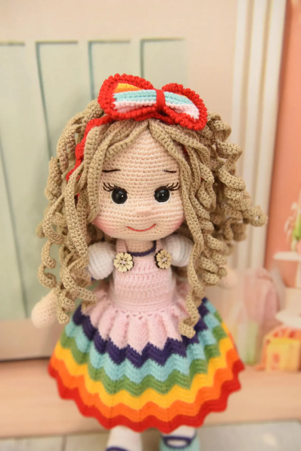 Handmade Crochet Rainbow Dress Princess Doll with Bow