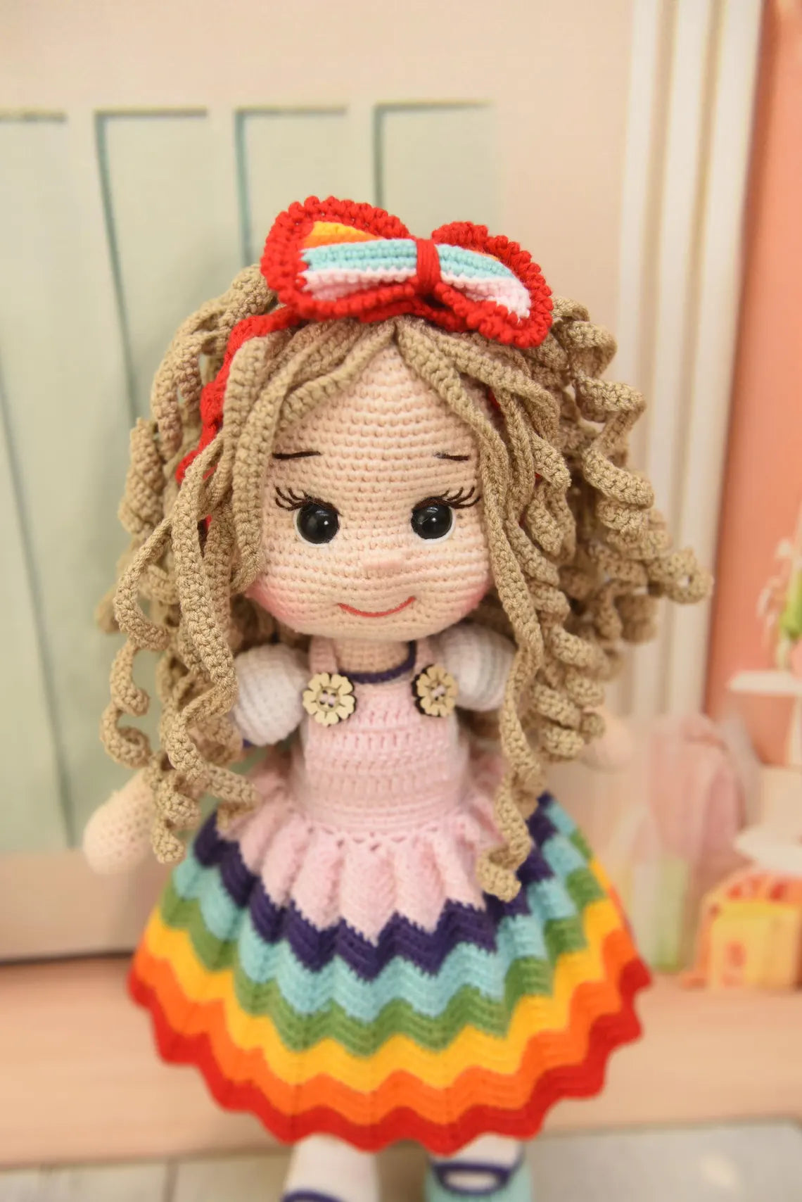 Handmade Crochet Rainbow Dress Princess Doll with Bow