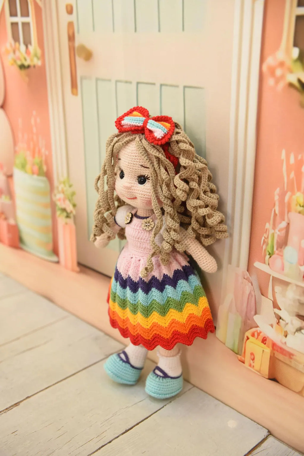 Handmade Crochet Rainbow Dress Princess Doll with Bow