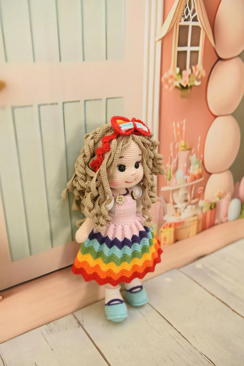Handmade Crochet Rainbow Dress Princess Doll with Bow