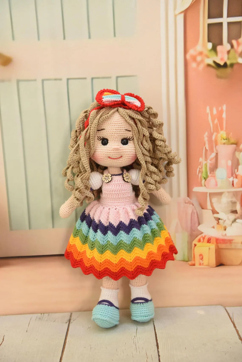 Handmade Crochet Rainbow Dress Princess Doll with Bow