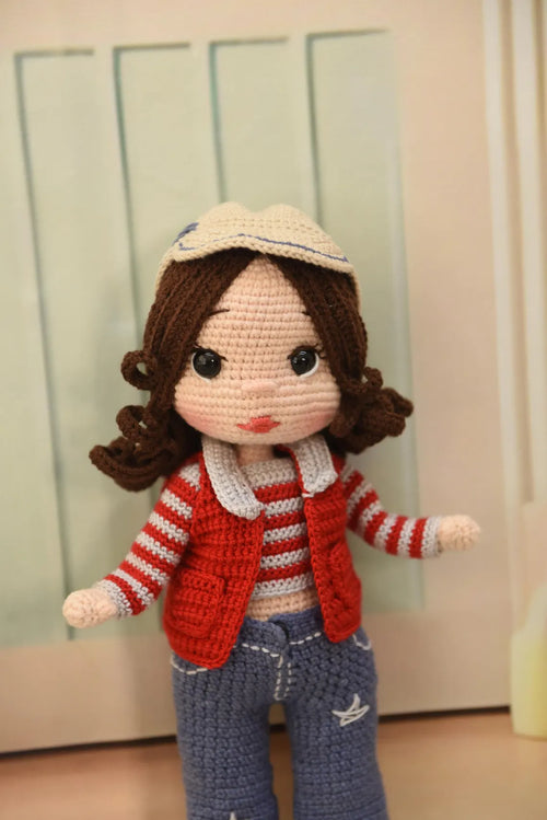 Handmade Crochet Princess Doll in Blue Jeans and Hat