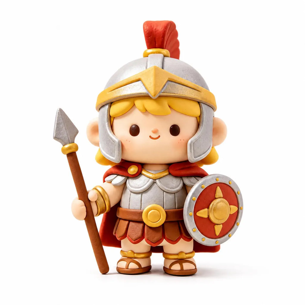 Clay Roman Soldier Chibi Figurine with Spear and Shield