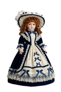 Victorian porcelain-style collectible doll in elegant dress on gray background with drop shadow