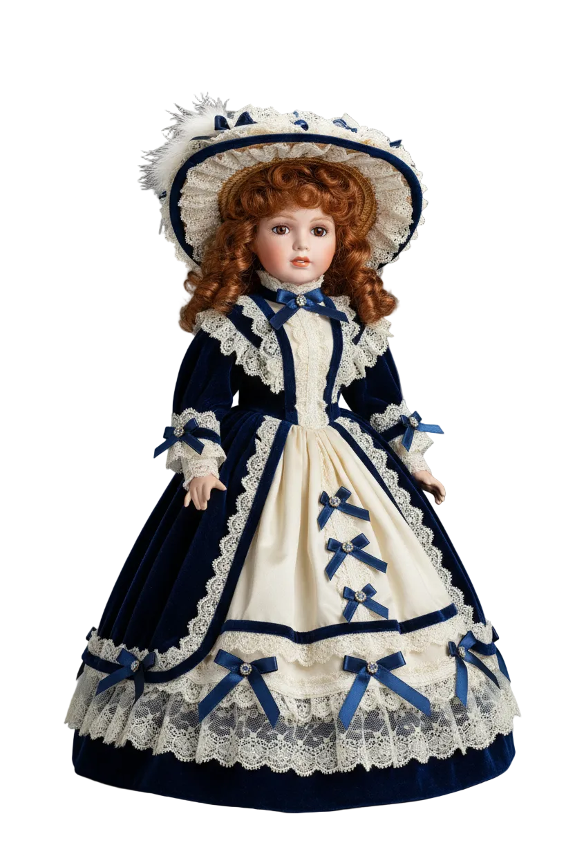 Victorian porcelain-style collectible doll in elegant dress on gray background with drop shadow