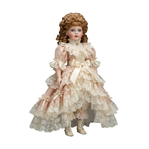 Elegant Rose Porcelain-Style Collectible Doll in Victorian lace dress on gray background with shadow