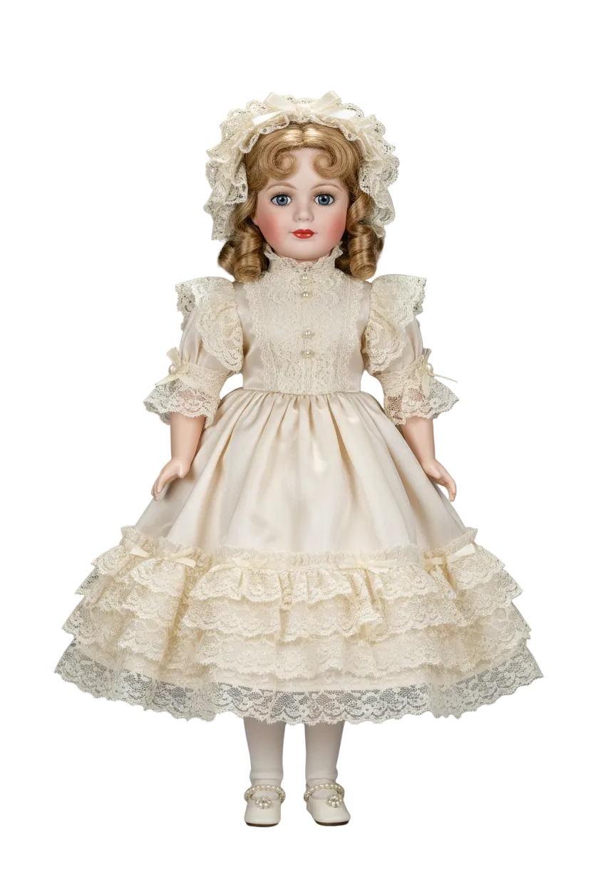 Victorian Rose Collectible Porcelain-Style Doll standing on gray background with soft drop shadow