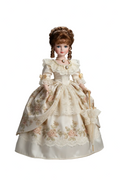 Collectible porcelain-style display doll in elegant Victorian dress on gray background with soft shadow
