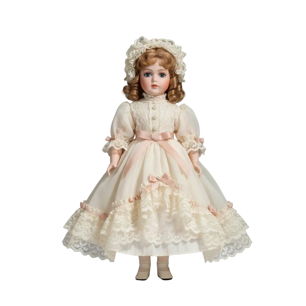 12-inch collectible porcelain-style display doll with hand-painted features and lace-trimmed dress on gray background