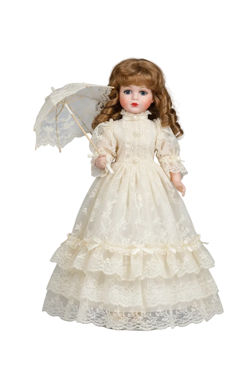 Collectible porcelain-style doll with curly hair and lace dress on gray background with shadow
